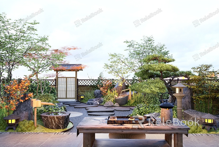 Zen Courtyard Landscape Trees Ting Step Fence Landscape Stone Flowers and Plants model