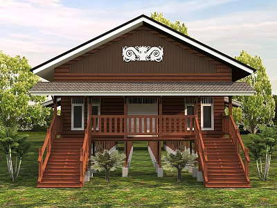 Detached Villa With Wooden Balcony Staircases Carved Roof And Green Surroundings 3d model