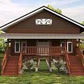 Detached Villa With Wooden Balcony Staircases Carved Roof And Green Surroundings