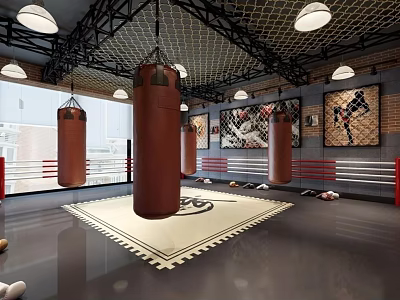Sports Fitness Boxing Gym Interior With Hanging Punching Bags Training Ring And Brick Walls 3d model