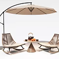 Modern Woven Outdoor Chairs with Patio Umbrella Coffee Table Teapot and Oranges