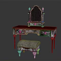 Ornate Vintage Dressing Table with Decorative Mirror and Carved Details and Matching Upholstered Stool