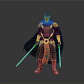Sci Fi Warrior Character With Black Cloak Red Accents And Twin Pink Lightsabers