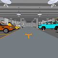 Car 4S Store Showroom with Various Colored Vehicles Arrow Signs And Bright Lighting