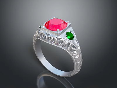 Silver Ring Featuring Red Central Gemstone Green Accent Stones And Intricate Carvings 3d model