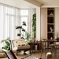 Modern Dining Kitchen Area With Cabinets Wine Bottles Coffee Machine And Decorative Paintings