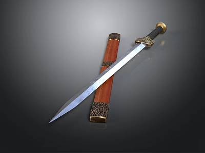 Traditional Decorative Carved Sword With Intricate Metal Blade And Wooden Scabbard 3d model