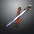 Traditional Decorative Carved Sword With Intricate Metal Blade And Wooden Scabbard