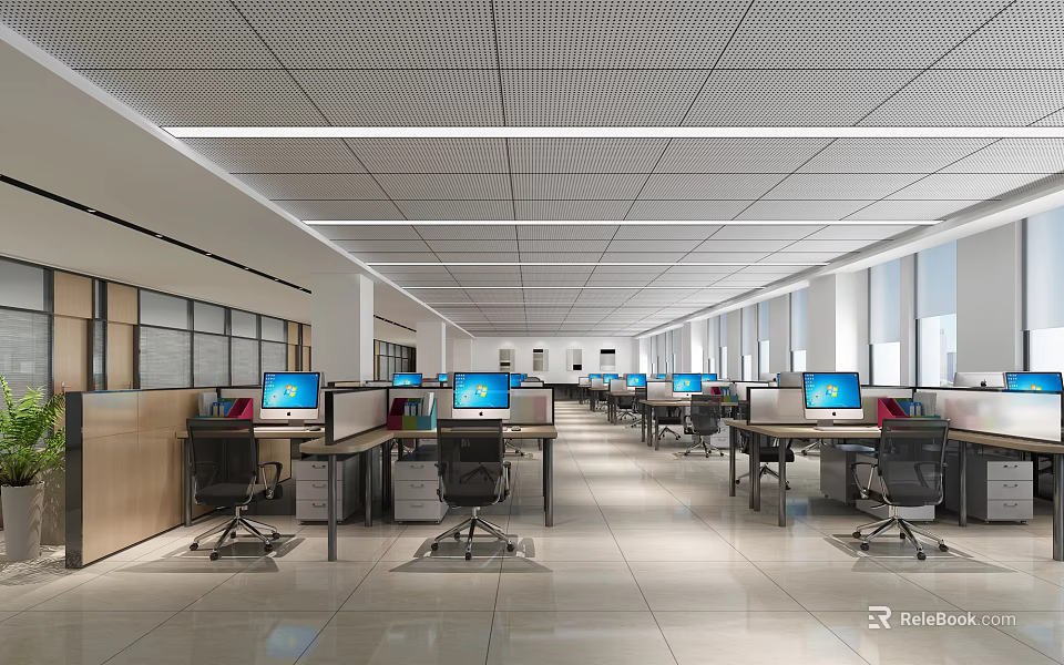 Modern Public Office Space With Open Layout Multiple Workstations Computers Desks And Large Windows 3d model