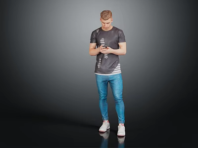 Man Standing With Smartphone Wearing Gray T-Shirt Blue Jeans White Sneakers 3d model