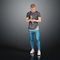 Man Standing With Smartphone Wearing Gray T-Shirt Blue Jeans White Sneakers