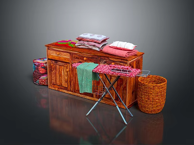 Wooden Clothes Hanger Setup With Ironing Board Stacked Towels And Wicker Basket Near Cabinet 3d model
