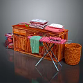 Wooden Clothes Hanger Setup With Ironing Board Stacked Towels And Wicker Basket Near Cabinet