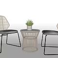 Modern Rattan Table and Chair Set with Metal Frame Gray Cushion and Small Plant