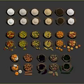 Display of Burlap Bags Filled with Fresh Vegetables and Fruits Arranged in Circle