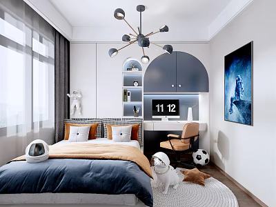 Modern Tatami Bedroom Interior With Chandelier Desk Digital Clock And Wall Painting 3d model
