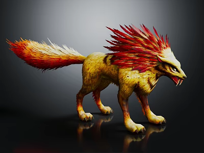 Mythical Fantasy Beast With Fiery Red Mane Yellow Striped Body And Sharp Teeth 3d model