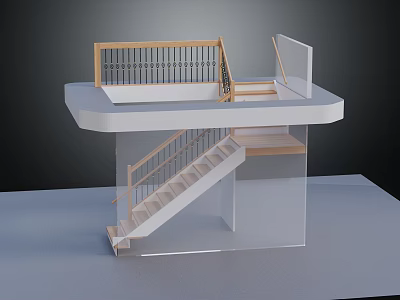 Modern Staircase Design With Wooden Railing Steps And Landing Platform Structure 3d model