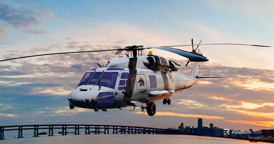 Military Style Helicopter with Spinning Rotors Flying Over City Skyline at Sunset Waterfront 3d model 