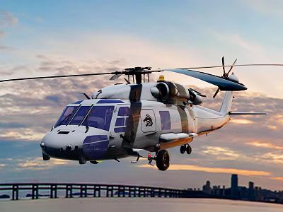 Military Style Helicopter with Spinning Rotors Flying Over City Skyline at Sunset Waterfront 3d model