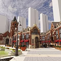 Vibrant Commercial Street Featuring Tall Modern Buildings Traditional Architecture And Central Plaza Fountain