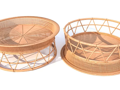 Two Different Round Rattan Tables With Geometric Frame And Woven Surface 3d model