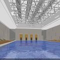 Indoor Swimming Pool With Blue Water Gray Tiled Walls Modern Ceiling And Lounge Chairs