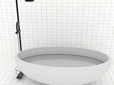 Modern Freestanding White Bathtub In Bathroom With White Tiled Wall And Shower Fixture 3d model