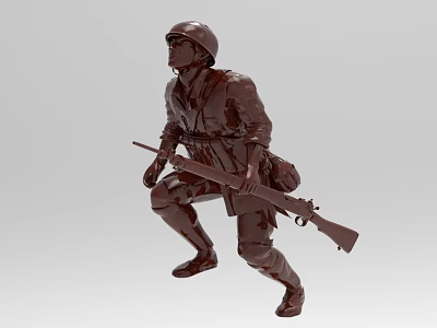 Detailed Metal Soldier Sculpture Carving With Helmet Squatting Pose And Rifle 3d model