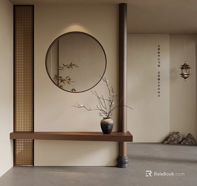Zen Inspired Oriental Interior With Round Mirror Wooden Shelf And Decorative Branches 3d model 