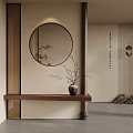 Zen Inspired Oriental Interior With Round Mirror Wooden Shelf And Decorative Branches
