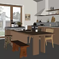 Modern Restaurant Open Kitchen Interior With Island Counter And Dining Seats