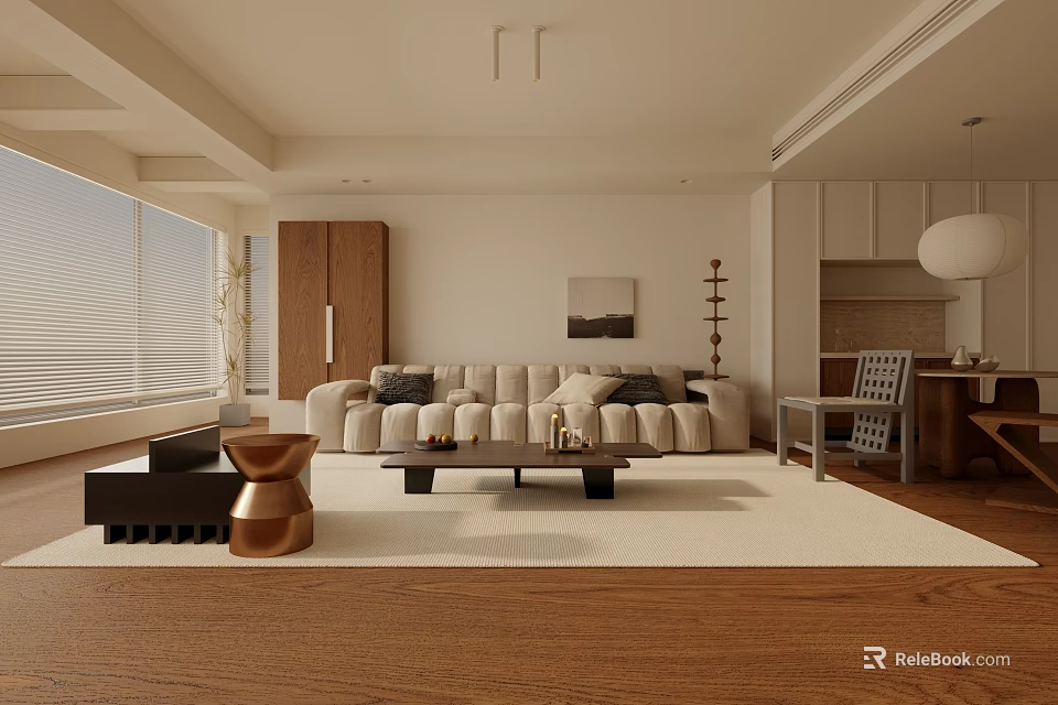 Living Room Interior Design With Light Colored Sofa Black Coffee Table Wooden Floor And Blinds 3d model 