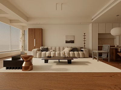 Living Room Interior Design With Light Colored Sofa Black Coffee Table Wooden Floor And Blinds 3d model