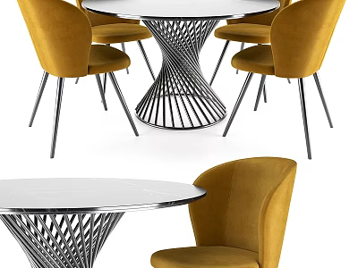 Modern Dining Table With Spiral Metal Base And Yellow Velvet Chairs Set 3d model