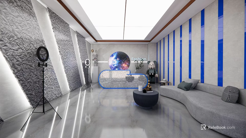 Modern Public Office Space With Curved Sofa Round Coffee Table And Blue Striped Accent Wall 3d model 