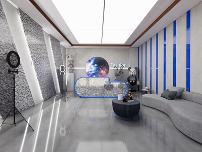 Modern Public Office Space With Curved Sofa Round Coffee Table And Blue Striped Accent Wall 3d model