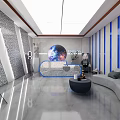 Modern Public Office Space With Curved Sofa Round Coffee Table And Blue Striped Accent Wall