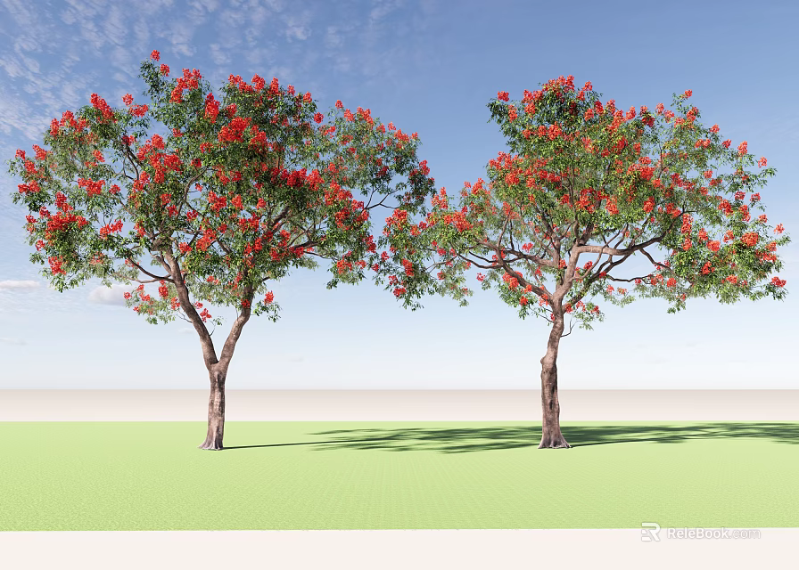 Two Flowering Trees With Brown Trunks Red Flowers Green Leaves Under Blue Sky 3d model 