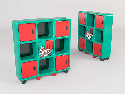 Teal And Red Entryway Cabinet And Side Cabinet With Multi Compartment Design And Red Wheels 3d model