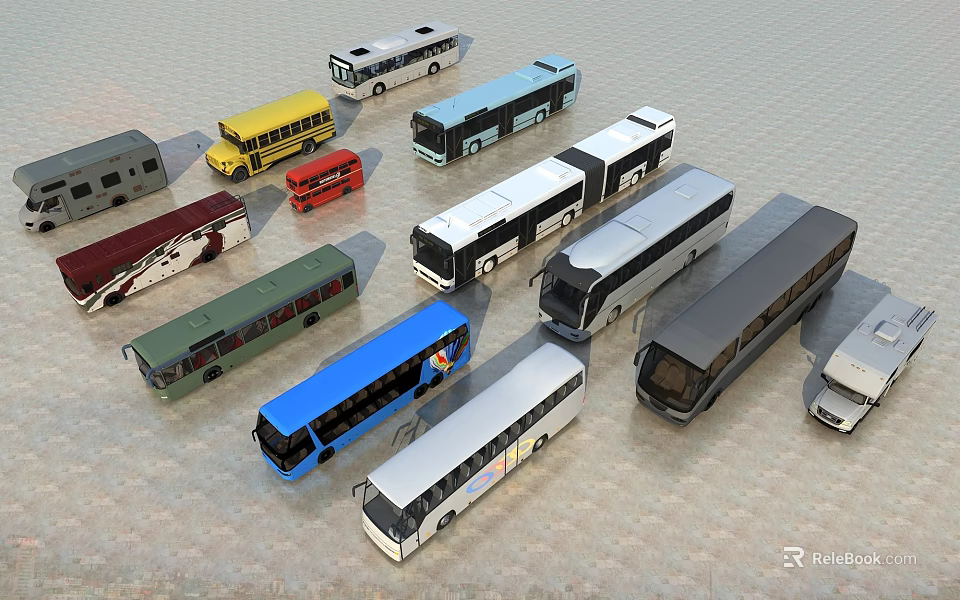 Various Modern Buses Including School Bus City Bus and Long Distance Coach Models 3d model 