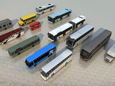 Various Modern Buses Including School Bus City Bus and Long Distance Coach Models 3d model