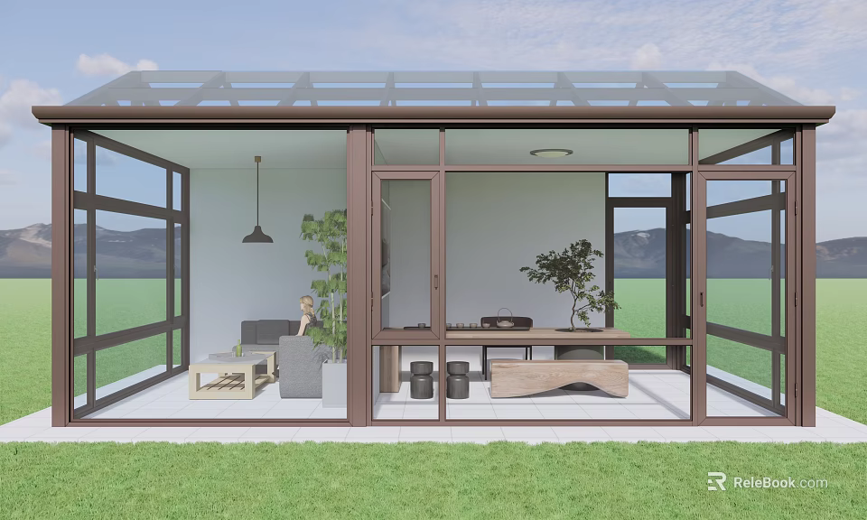 Bright Sunroom Interior With Glass Windows Roof Sofa Table Plants Green Lawn And Mountains 3d model 