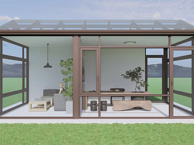 Bright Sunroom Interior With Glass Windows Roof Sofa Table Plants Green Lawn And Mountains 3d model