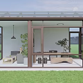 Bright Sunroom Interior With Glass Windows Roof Sofa Table Plants Green Lawn And Mountains