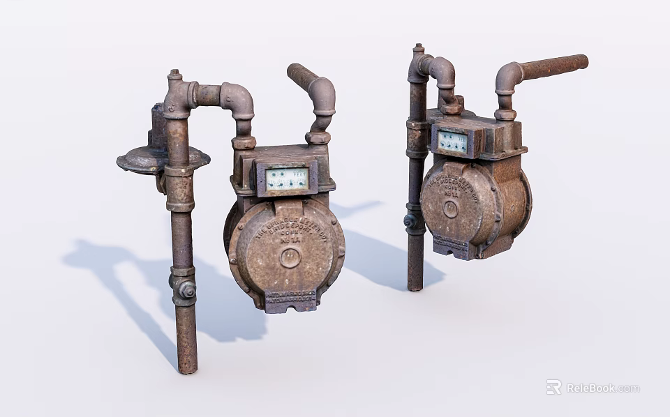 Vintage Industrial Equipment Cast Iron Meters With Pipe Connections And Dials 3d model 