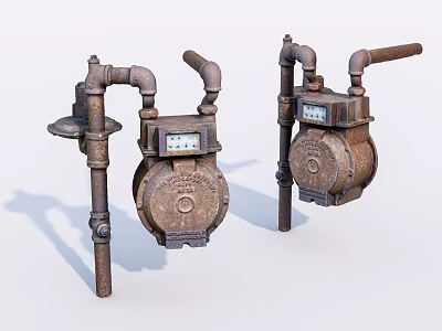 Vintage Industrial Equipment Cast Iron Meters With Pipe Connections And Dials 3d model