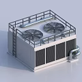Industrial Cooling Tower with Two Round Fans Metal Railing Side Grilles and Pipes