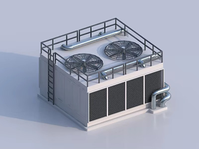 Industrial Cooling Tower with Two Round Fans Metal Railing Side Grilles and Pipes 3d model