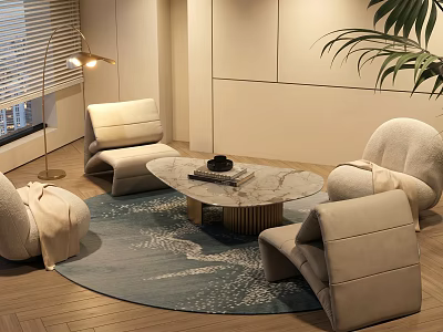 Comfortable Single Sofa In Modern Living Room With Round Coffee Table Floor Lamp And Plant 3d model